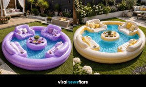 Luxury inflatable lounge pool with built-in seating, drinks holders and floating table creating a social garden pool experience.