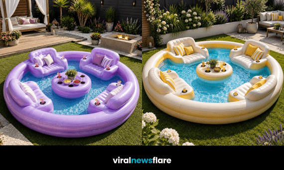 Luxury inflatable lounge pool with built-in seating, drinks holders and floating table creating a social garden pool experience.