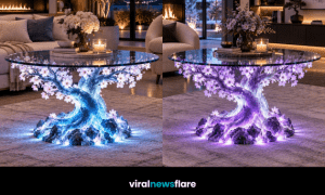 Illuminated tree coffee table with glowing branches, delicate blossoms and a circular glass top creating a striking living room centrepiece.
