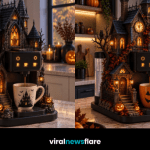 Elaborate haunted house coffee machine featuring Gothic architecture, glowing windows and Halloween decorations in a stylish kitchen.