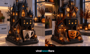 Elaborate haunted house coffee machine featuring Gothic architecture, glowing windows and Halloween decorations in a stylish kitchen.