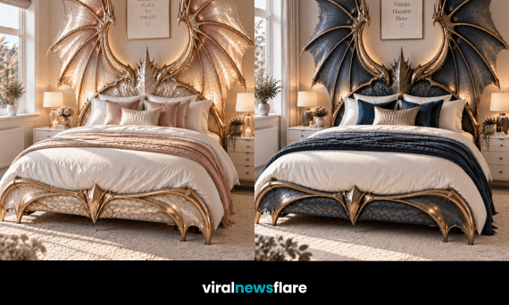 Dramatic illuminated dragon wing bed showcasing the fantasy bedroom trend with sculpted wings and luxurious styling