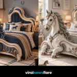 Elaborate horse-shaped bed with sculptural equestrian details creating a statement bedroom for horse lovers.