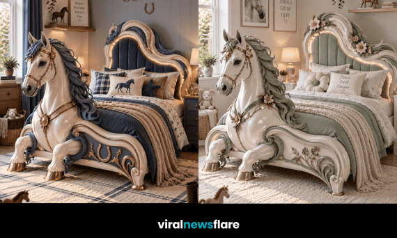 Elaborate horse-shaped bed with sculptural equestrian details creating a statement bedroom for horse lovers.