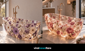 Luxury transparent floral bathtub filled with colourful flowers showcasing the floral bathtub interior design trend