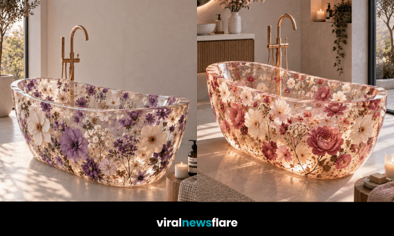 Luxury transparent floral bathtub filled with colourful flowers showcasing the floral bathtub interior design trend