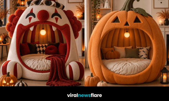 Creative Halloween beds shaped like ghosts, pumpkins, clowns and haunted houses for a cosy spooky-season bedroom trend