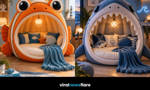 Collection of imaginative ocean-inspired reading nooks featuring whale, fish, shark and jellyfish designs for playful coastal interiors.