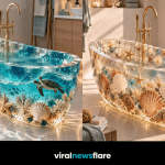 Ocean-inspired transparent bathtub filled with turquoise water, coral, seashells and marine details in a luxury bathroom.