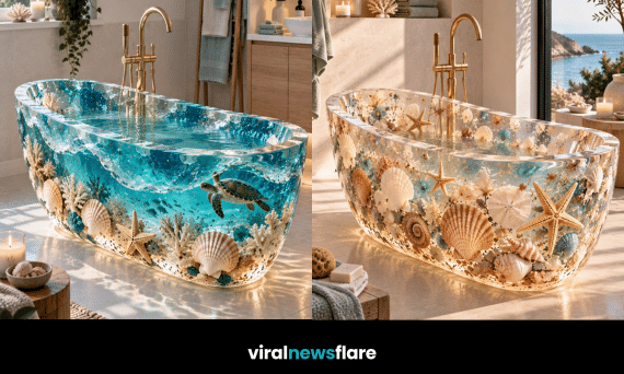 Ocean-inspired transparent bathtub filled with turquoise water, coral, seashells and marine details in a luxury bathroom.