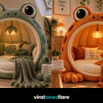 Colourful frog reading nook creating a playful and cosy statement seating area for a whimsical home interior.