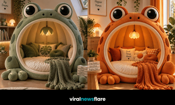 Colourful frog reading nook creating a playful and cosy statement seating area for a whimsical home interior.