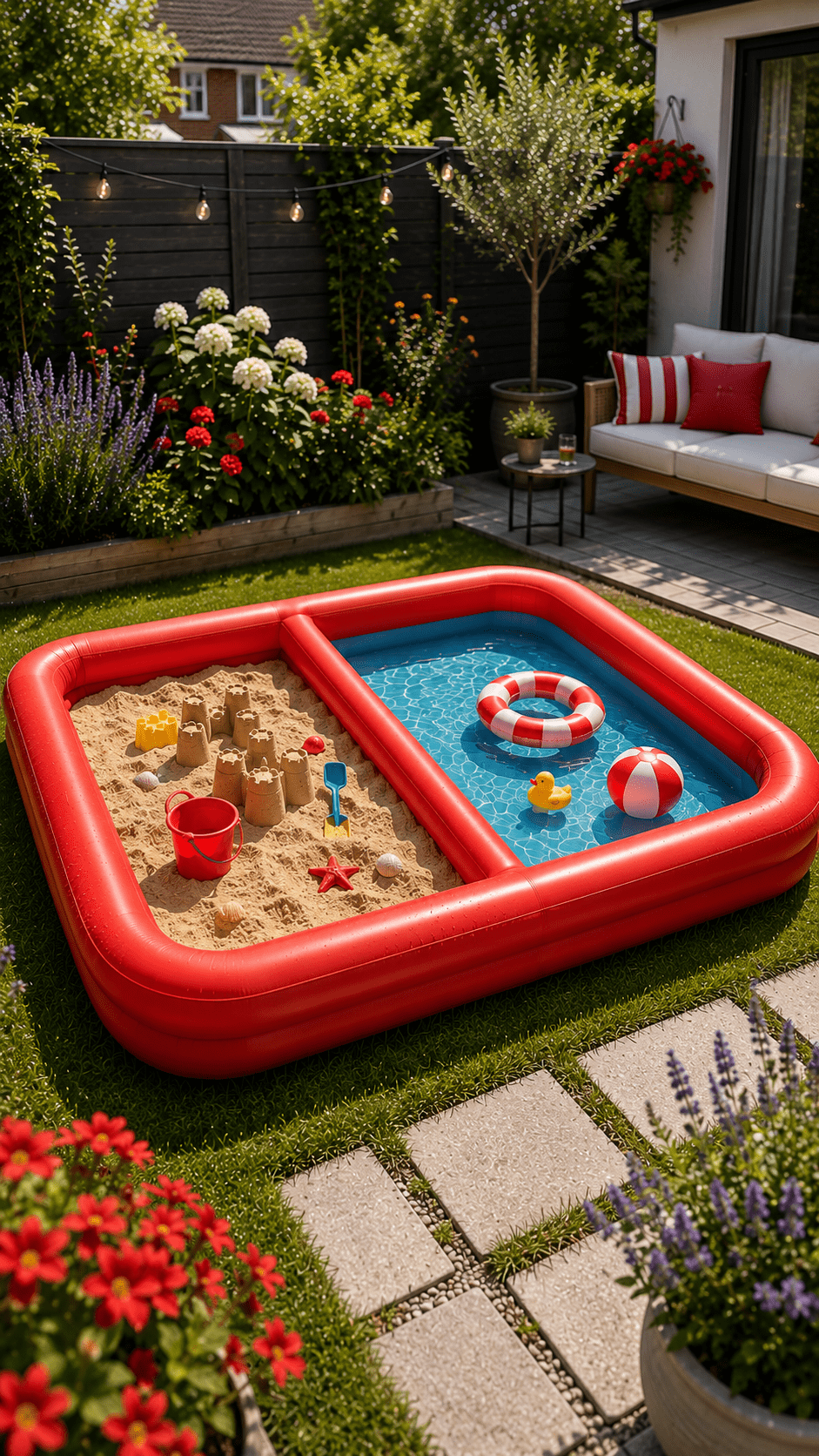 Bright red inflatable sandpit pool with separate sand and water play areas surrounded by colourful garden flowers.