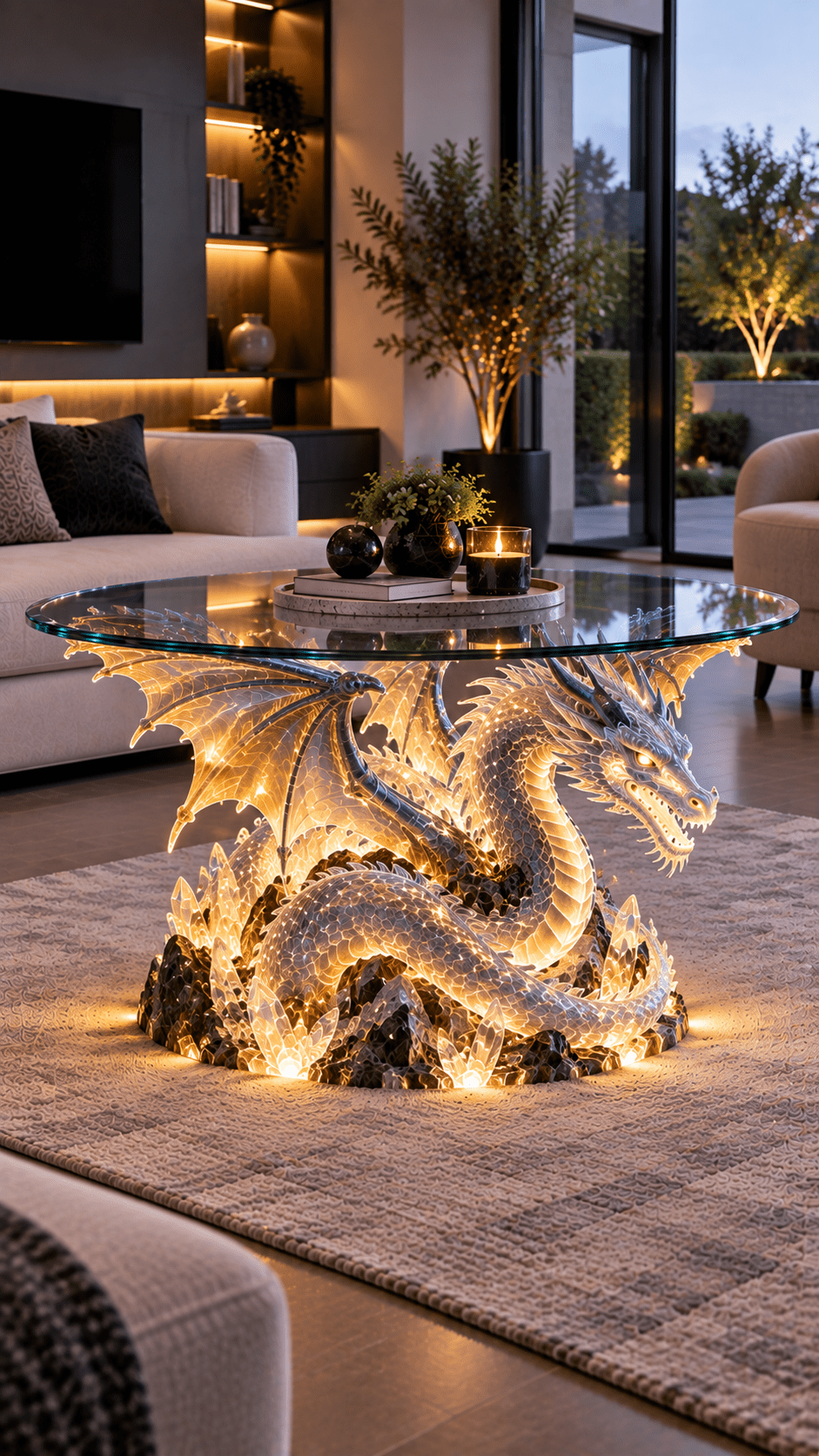 Golden glowing dragon sculpture supporting a circular glass coffee table in a modern neutral living room.