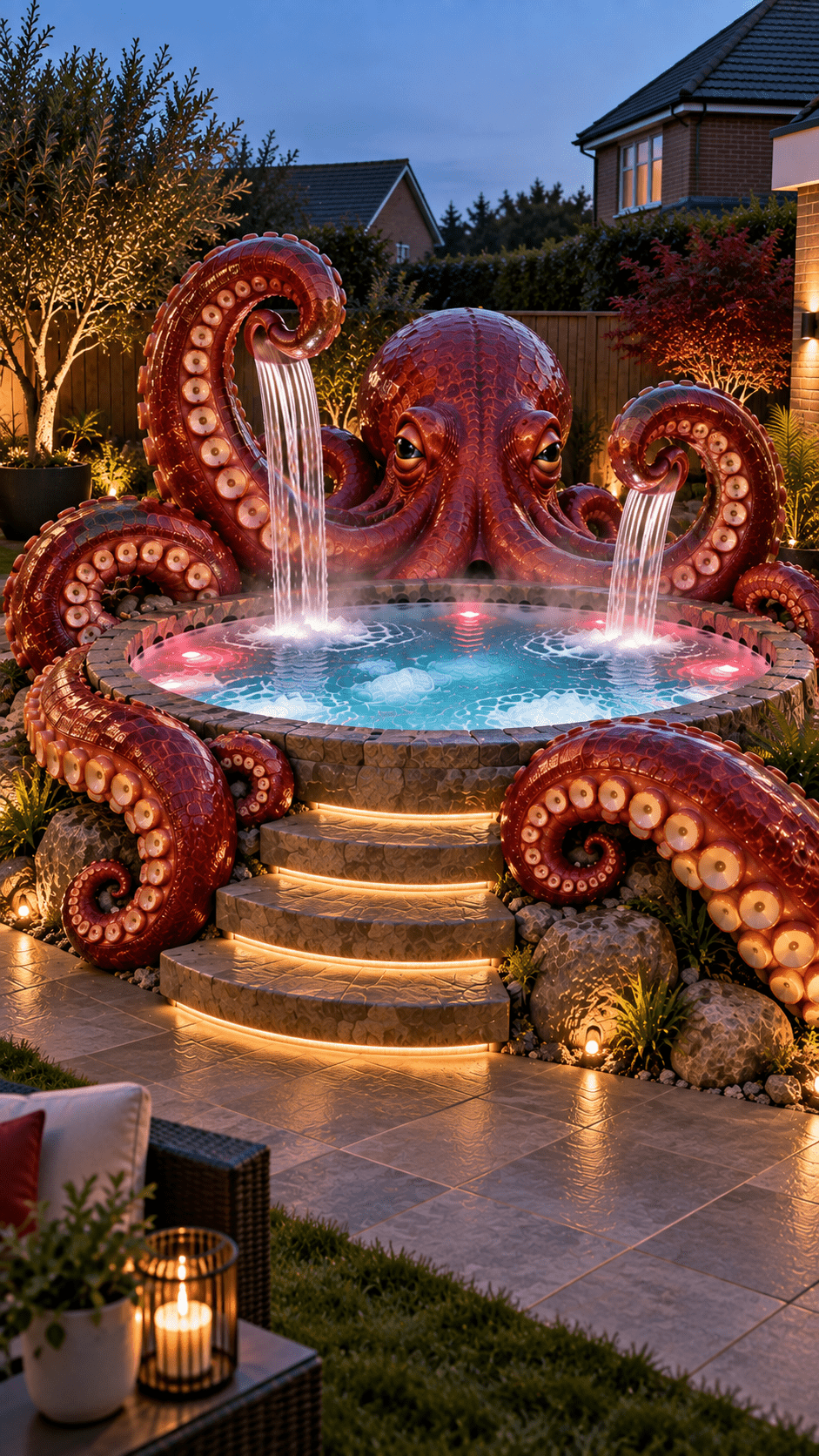 Large red octopus hot tub with illuminated steps and waterfall tentacles in a landscaped suburban garden