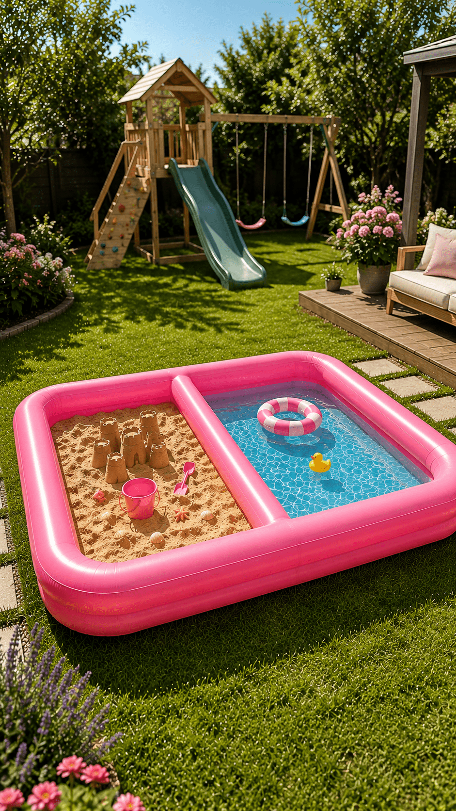 Pink inflatable sandpit and paddling pool positioned in a family garden beside a wooden climbing frame and swings.