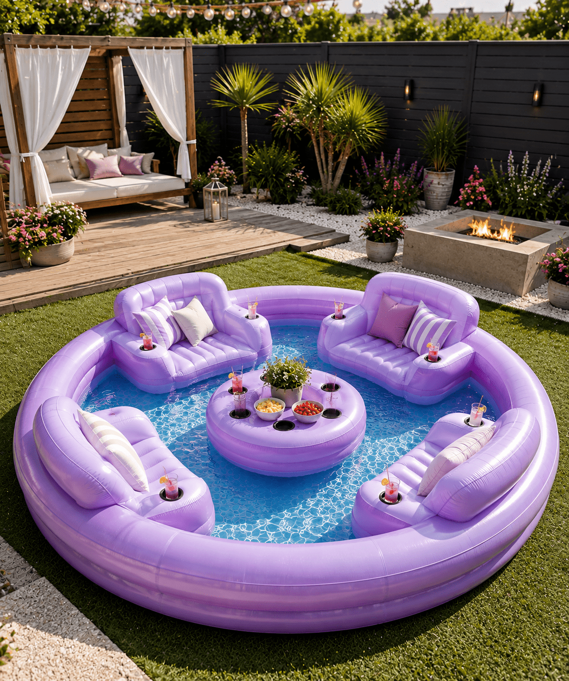 Lilac inflatable lounge pool with built-in cushioned seats and central floating table in a stylish garden with a fire pit.