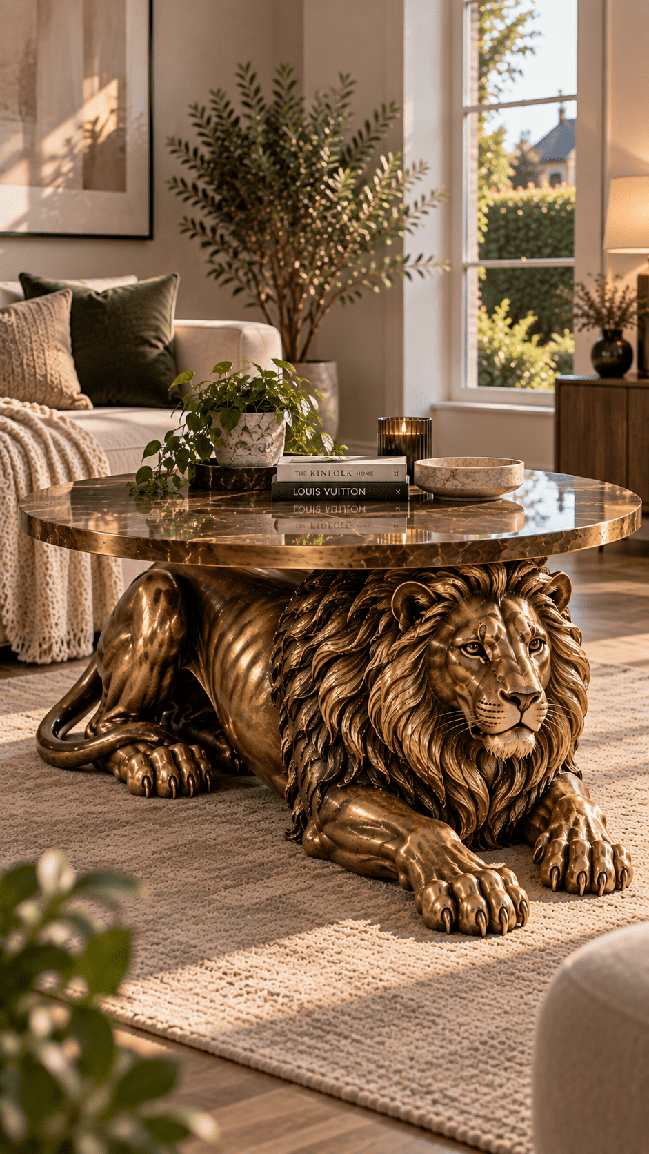 Bronze lion sculpture beneath a polished circular coffee table in an elegant modern living room.