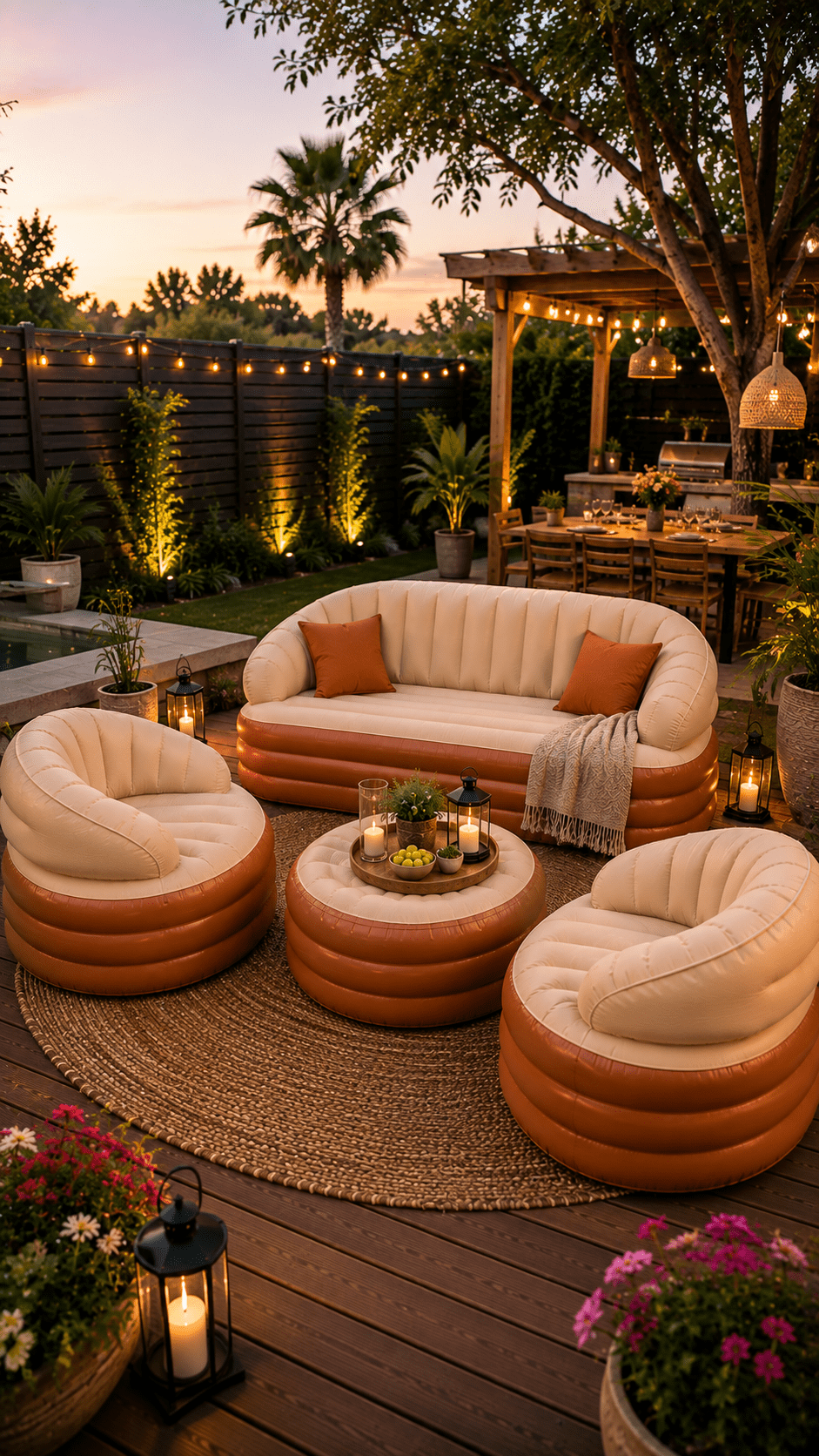 Cream and terracotta inflatable garden furniture set arranged on decking in a stylish garden with warm evening lighting.
