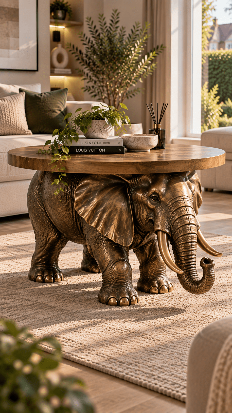 Bronze elephant coffee table with tusks and a round wooden tabletop in a stylish nature-inspired living room.