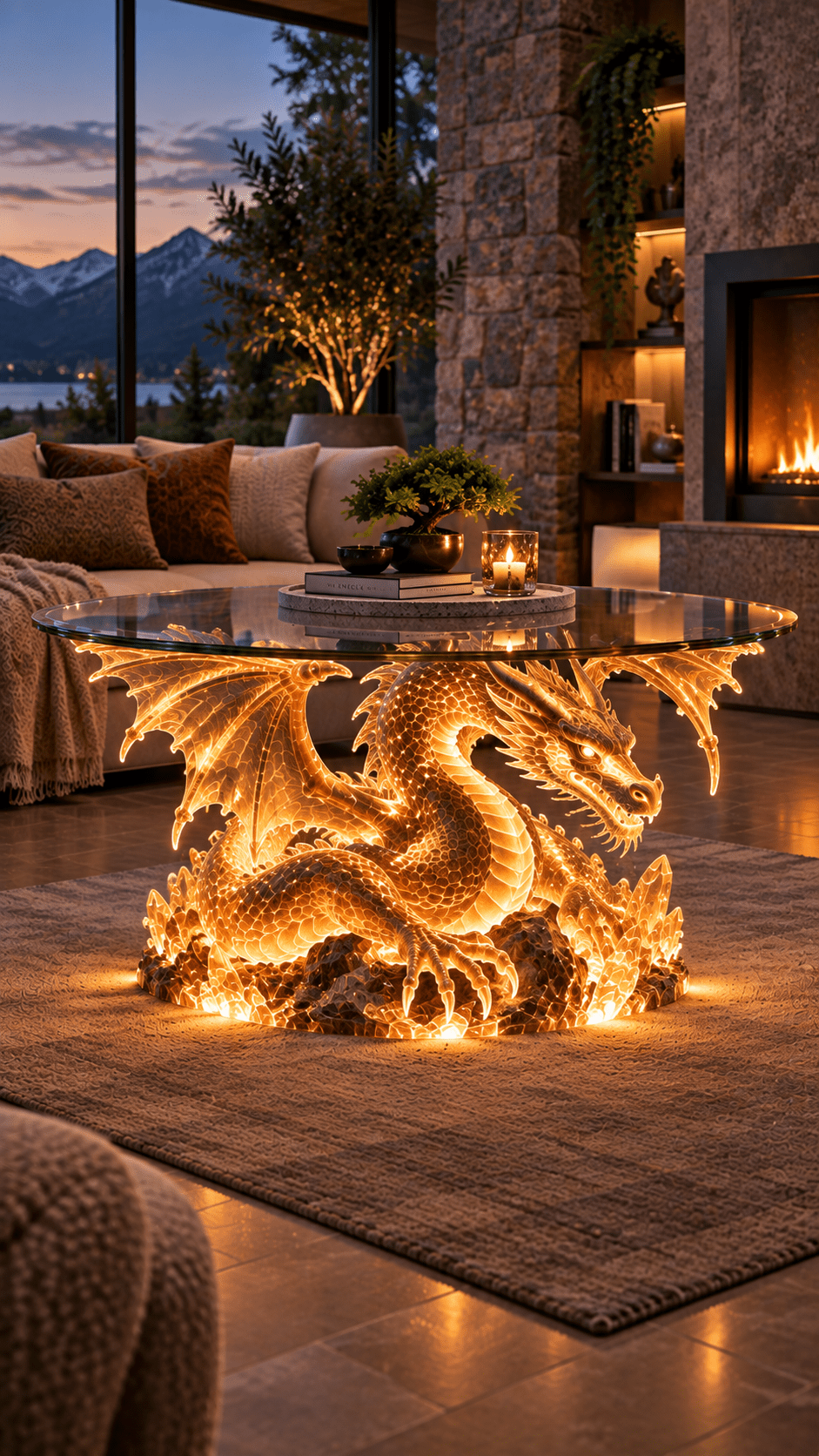 Orange illuminated dragon coffee table with detailed wings and scales positioned beside a modern fireplace.