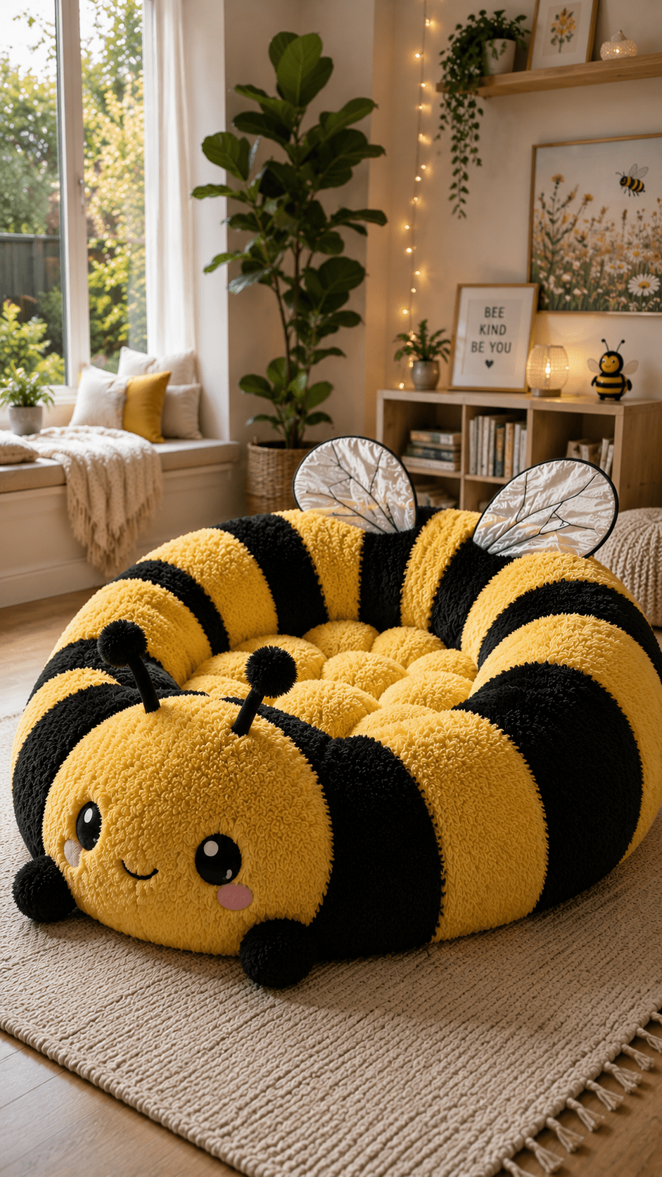 Oversized yellow and black plush bumblebee-shaped chair with wings and antennae in a cosy nature-inspired