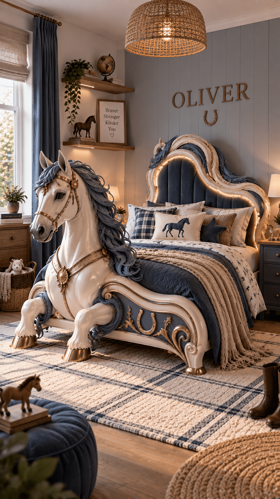 Sculptural white horse bed with navy upholstery, gold details and equestrian accessories in a stylish blue bedroom.