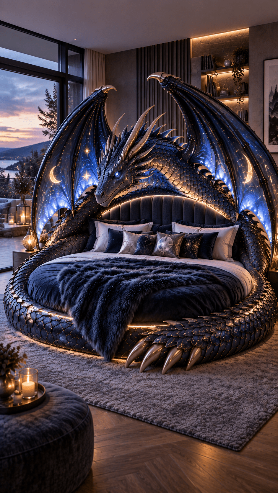 Celestial dragon bed with glowing blue wings, moon and star details, dark bedding and illuminated metallic scales.