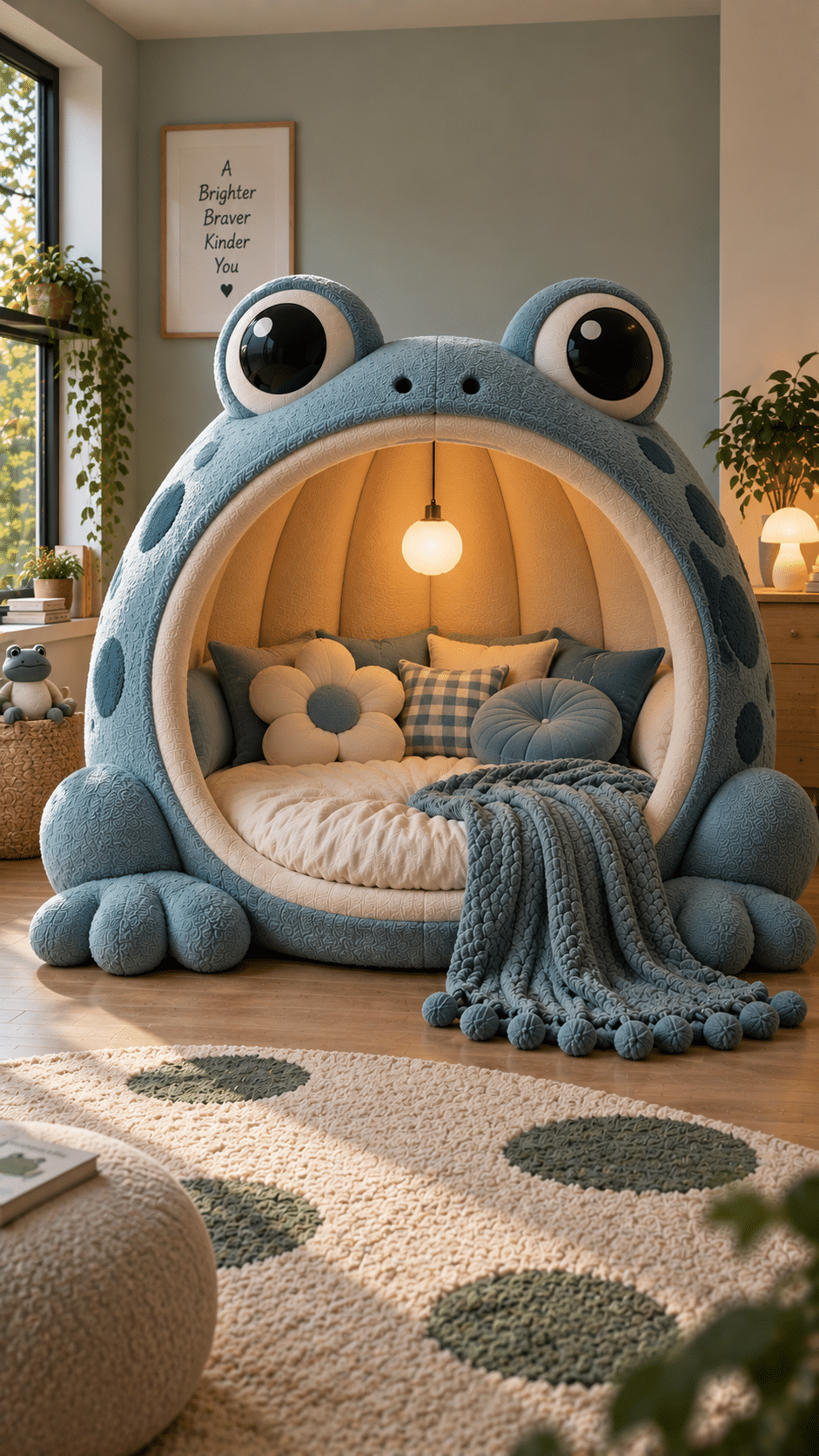 Large blue frog-shaped reading nook with cream cushions and a knitted throw in a calm, nature-inspired room.