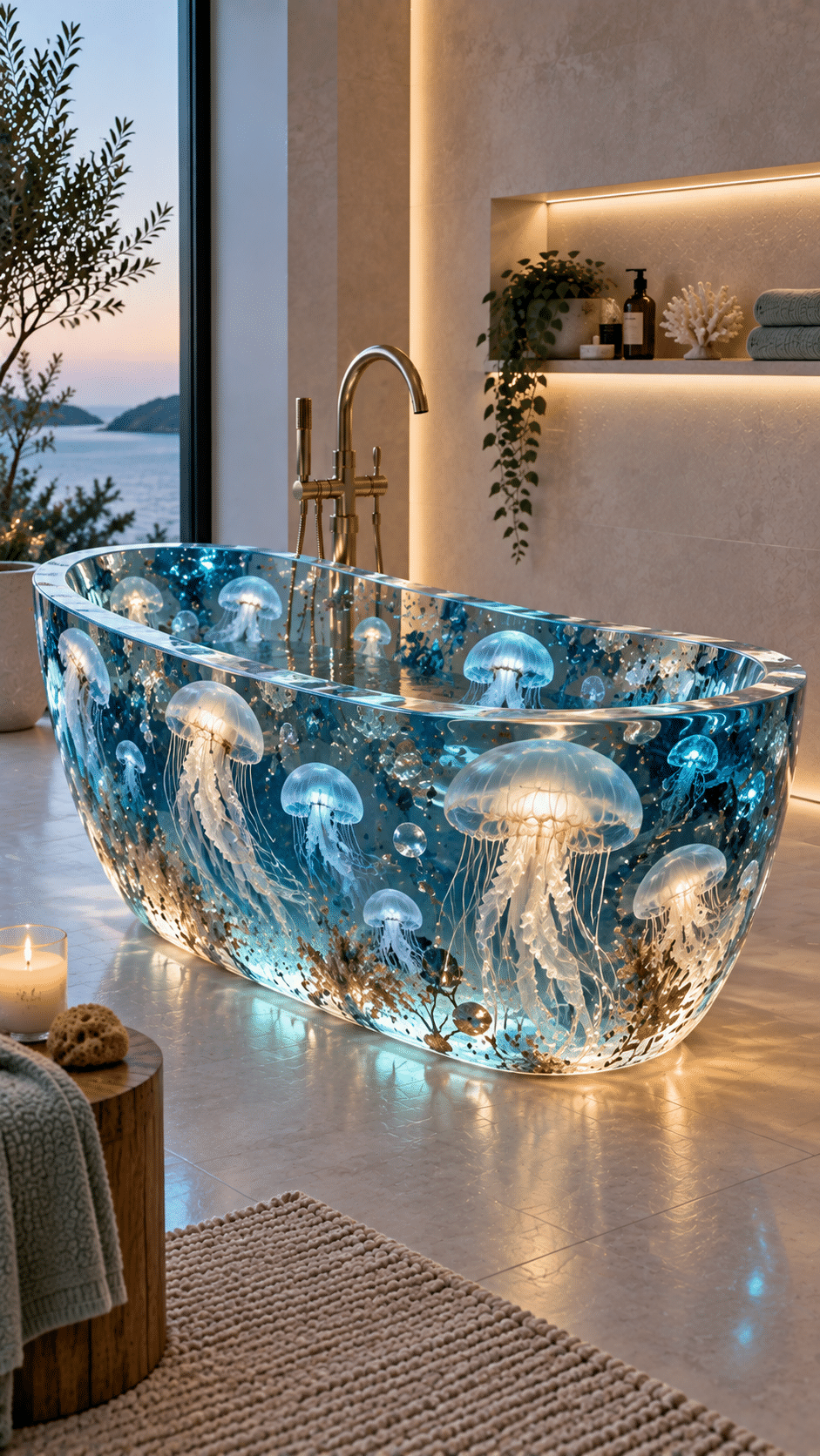 Luxury transparent ocean bathtub featuring illuminated jellyfish and blue underwater details in a modern coastal bathroom.