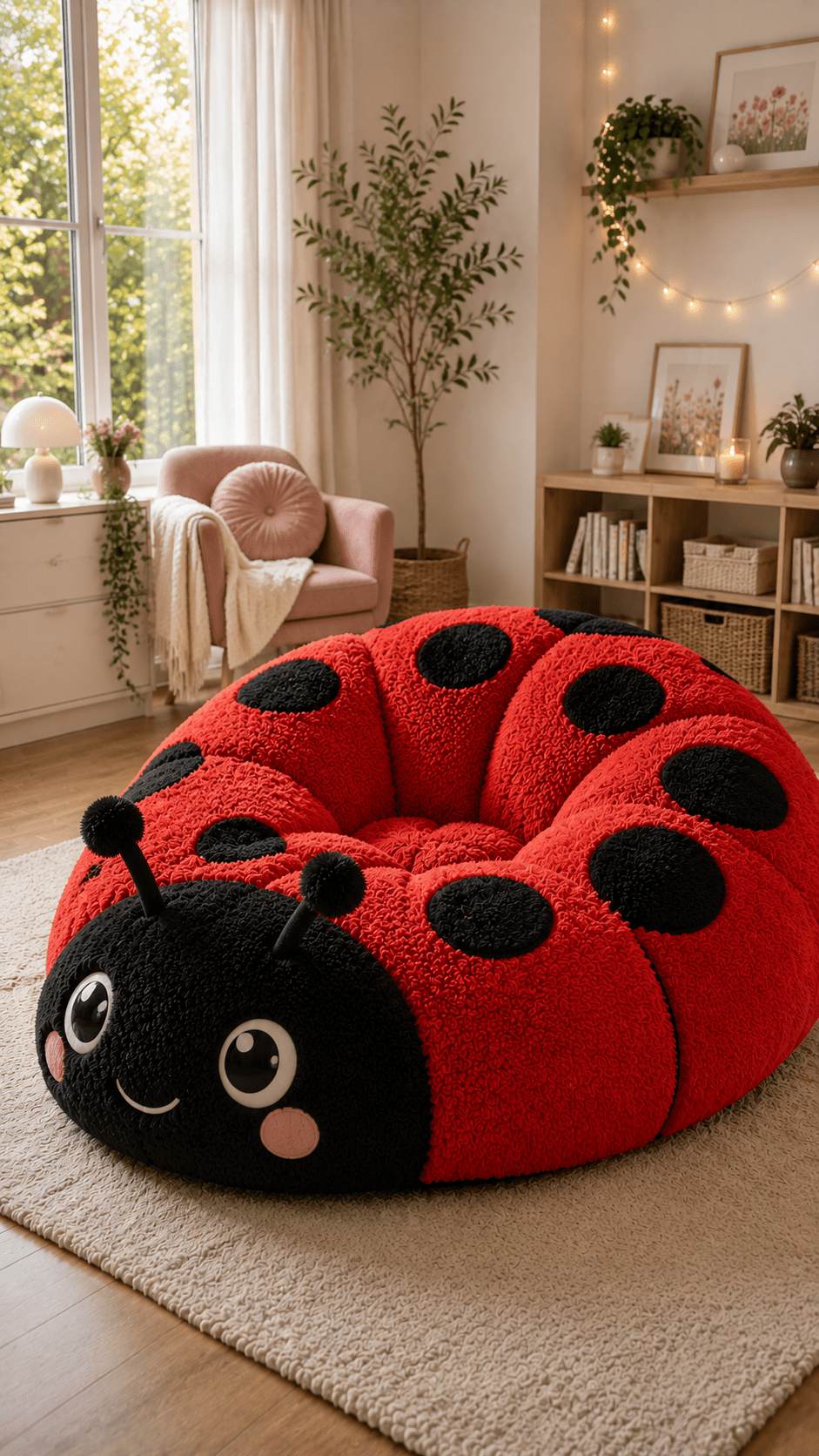 Bright red and black plush ladybird-shaped chair with oversized spots and a smiling face in a cosy living room.