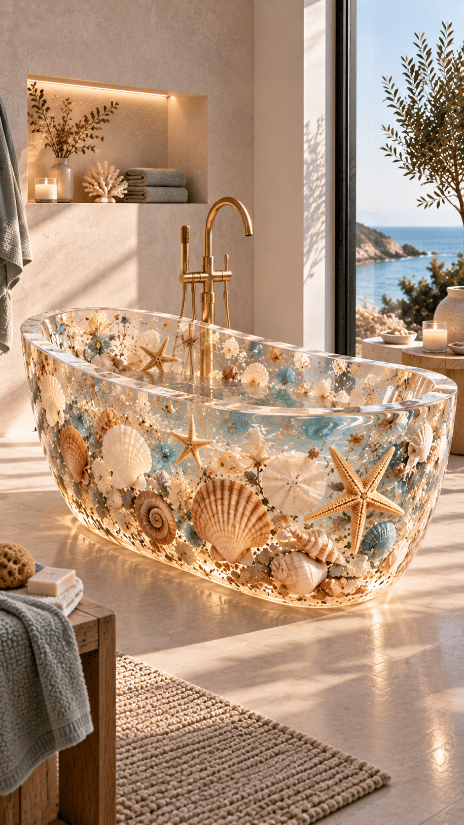 Transparent coastal bathtub decorated with seashells, starfish and soft blue details overlooking an ocean view.