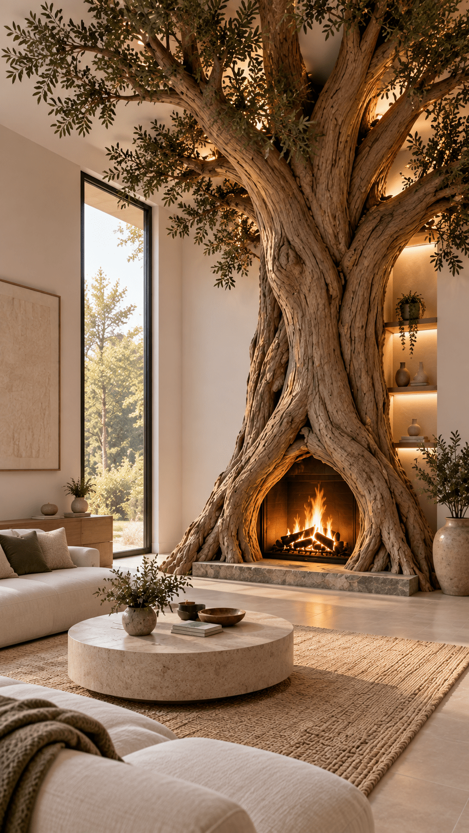 Nature-inspired tree fireplace in a neutral minimalist living room with warm natural lighting