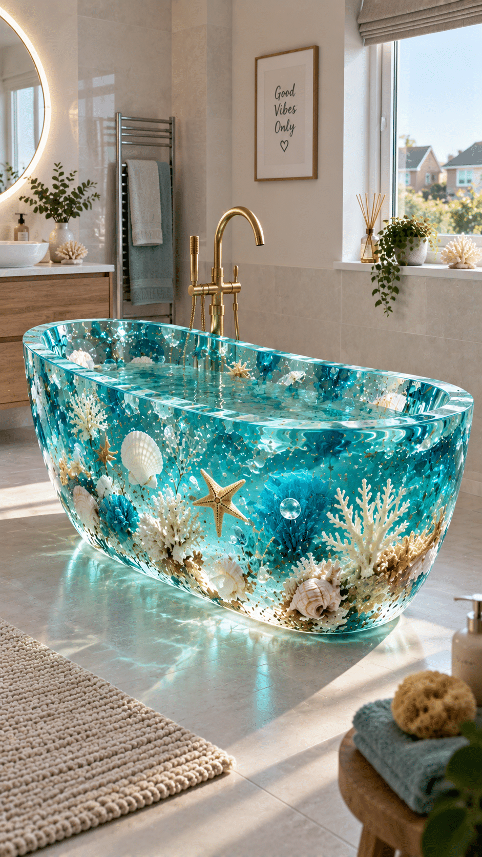 Ocean-inspired transparent bathtub filled with turquoise water, coral, seashells and marine details in a luxury bathroom.