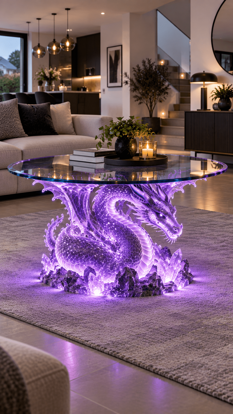 Purple illuminated dragon coffee table with a transparent glass top in a contemporary open-plan living room.