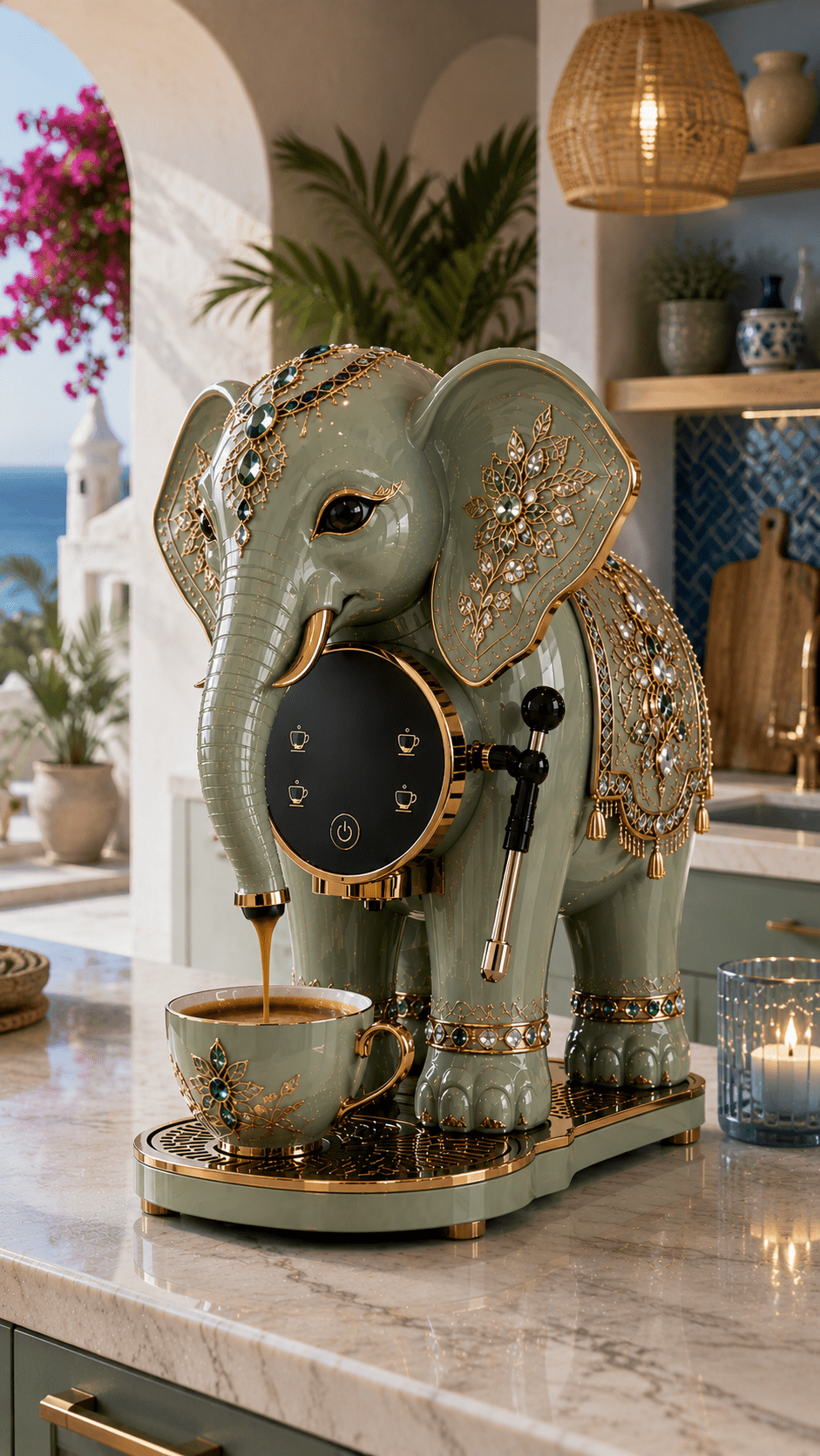 Sage green elephant coffee machine with emerald and gold detailing displayed in a Mediterranean-style kitchen.