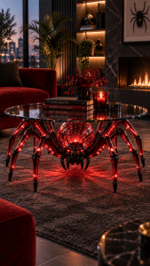 Red illuminated mechanical spider coffee table with a circular glass top in a luxurious dark living room.