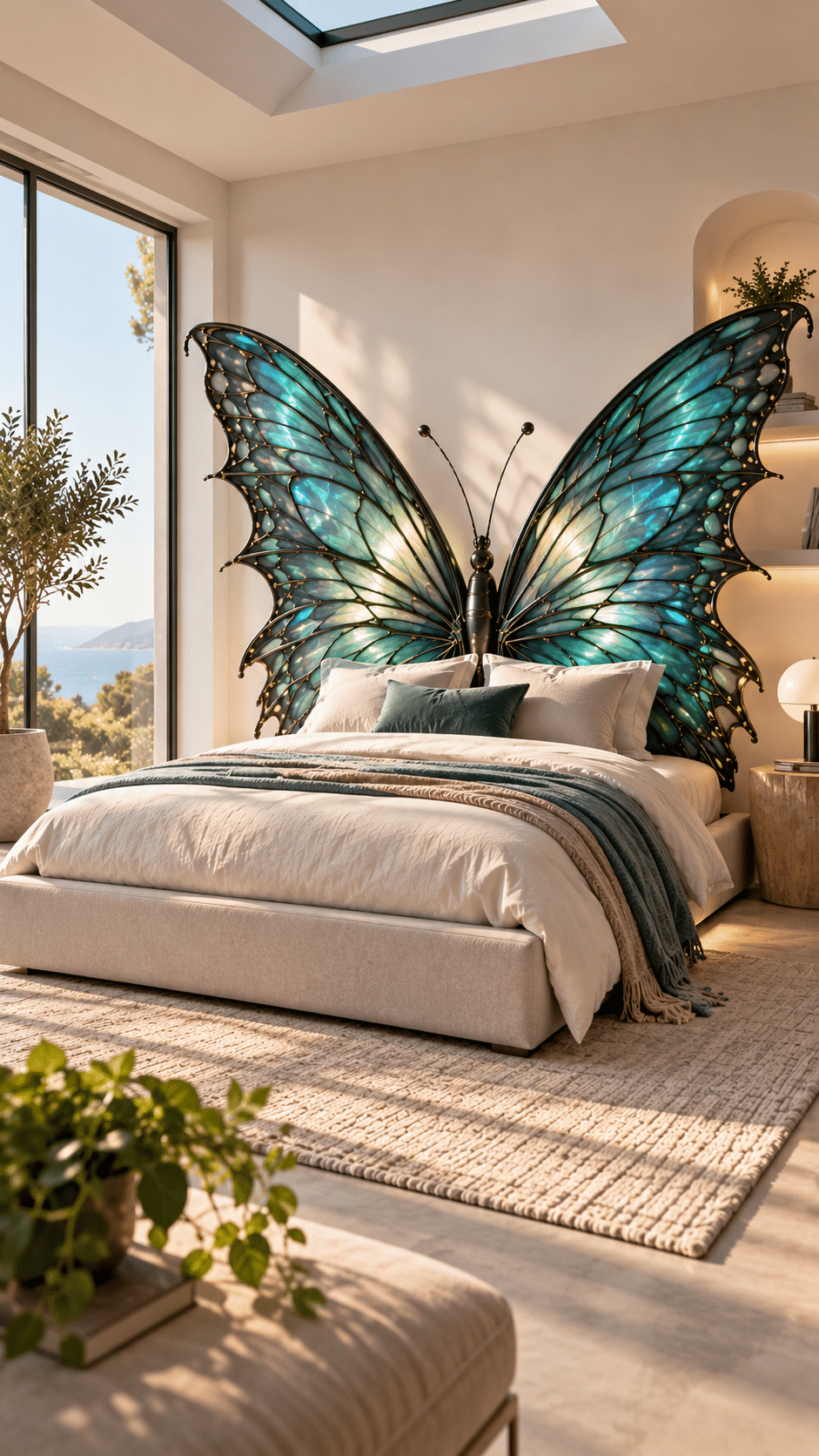 Glowing turquoise butterfly wing bed in a bright bedroom with natural greenery and coastal views