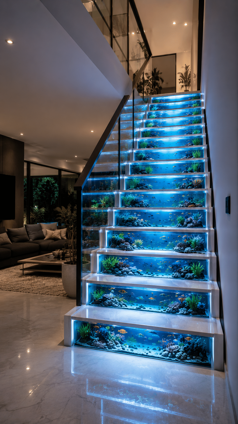 Modern staircase featuring glowing blue aquarium displays built into each stair riser with tropical fish and aquatic plants.