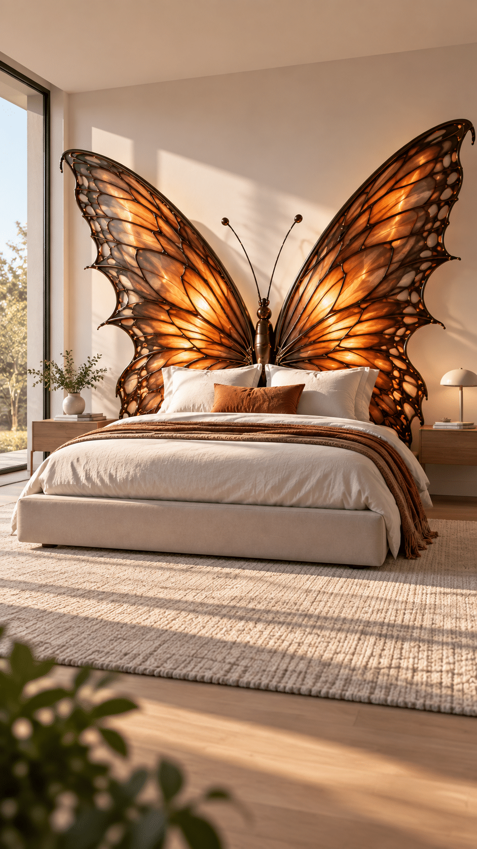 Large illuminated amber and orange butterfly wing bed in a warm modern bedroom