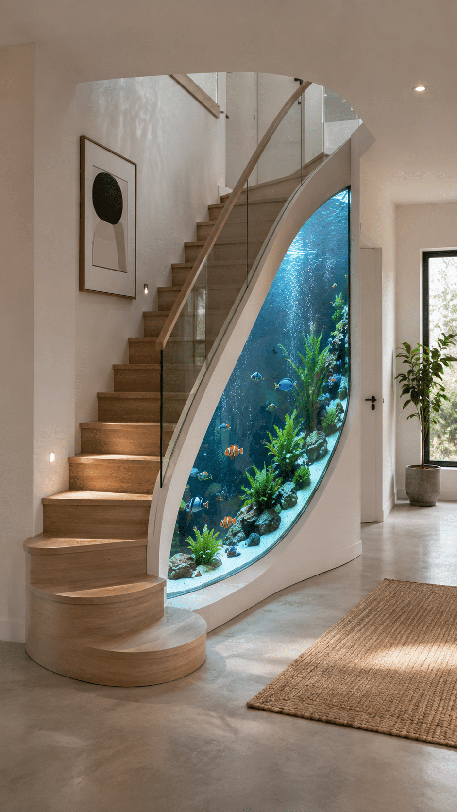 Curved wooden staircase with a large built-in aquarium following the shape of the stairs in a bright minimalist home.