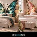 Colourful illuminated butterfly wing bed creating a dramatic nature-inspired bedroom statement