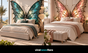 Colourful illuminated butterfly wing bed creating a dramatic nature-inspired bedroom statement