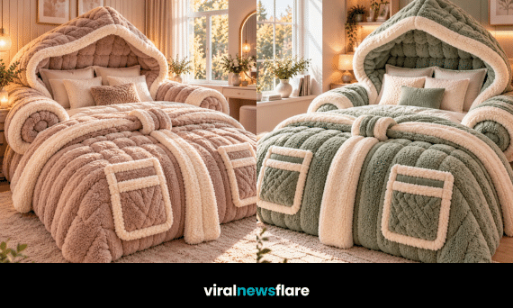 Oversized dressing gown beds featuring fluffy hooded headboards, plush upholstery, chunky fabric belts and decorative pockets in cosy bedroom designs.