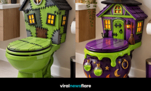Collection of imaginative Halloween haunted house toilets featuring a purple Gothic castle, green Frankenstein house, witches’ cauldron and spooky illuminated windows.