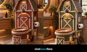 Collection of colourful barn-inspired toilets featuring green, yellow, blue and red farmhouse designs with wooden detailing and miniature barn features.