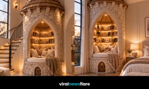 Enchanting castle reading nook with stone-effect walls, wooden turret roof, Gothic archway, illuminated bookshelves and comfortable seating in a luxury home.