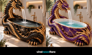 Collection of luxurious dragon bathtubs in black, purple, red and emerald green with golden detailing and mythical waterfall features.