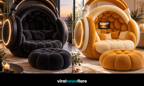 Collection of giant headphone reading nook designs in pink, black, green and orange, featuring plush seating, glowing details and matching footstools.