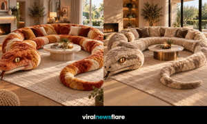 Creative snake sofas featuring oversized curved seating, realistic snake heads and luxurious textured upholstery in stylish modern living rooms.